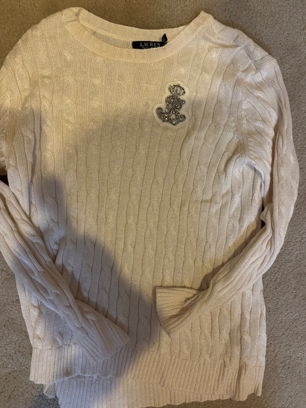 Lauren by Ralph Lauren cable knit sweater with rhinestone logo